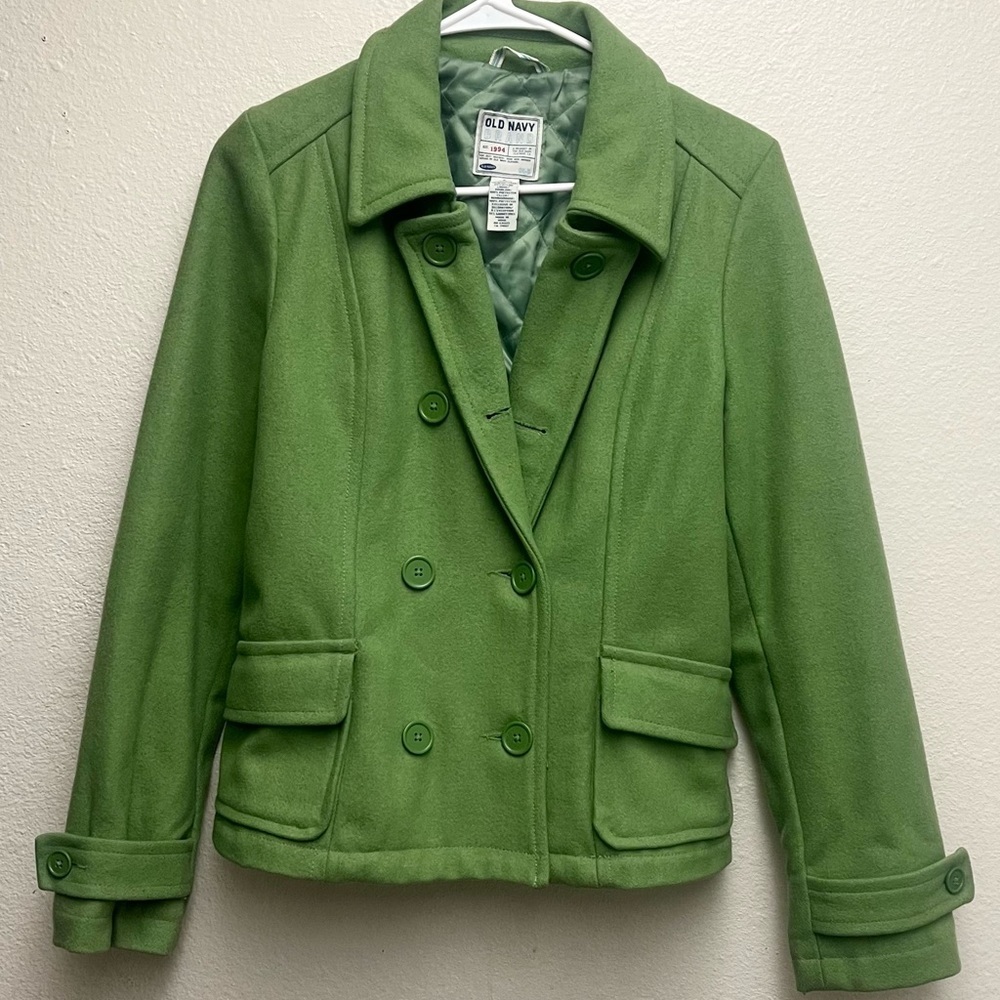 Vintage Old Navy Green Peacoat Wool With Quilt Lining Size Small